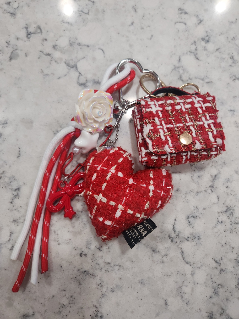 Red Tweed Heart & Mini Bag Keychain Charm